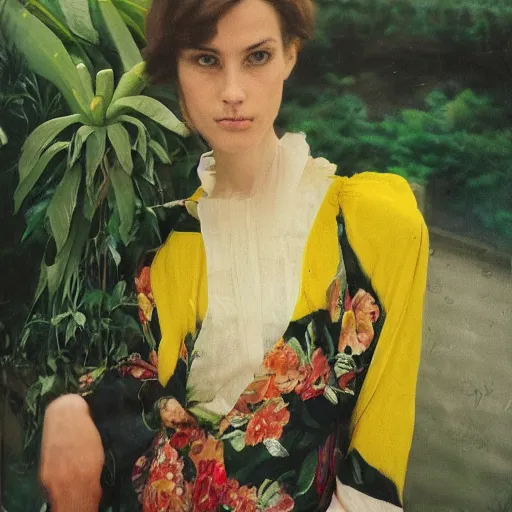 Image similar to head to shoulder grainy portrait Polaroid film photograph of an elegant top model wearing a yellow kimono with a very detailed barn owl on her shoulder!!! in a tropical greenhouse. looking at the camera!!. super resolution. Polaroid 600 film. art by Alessio albi and john william waterhouse and John Singer Sargent and greg rutkowski