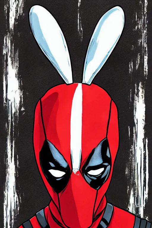 Prompt: deadpool with white bunny ears, Comic book art, highly detailed