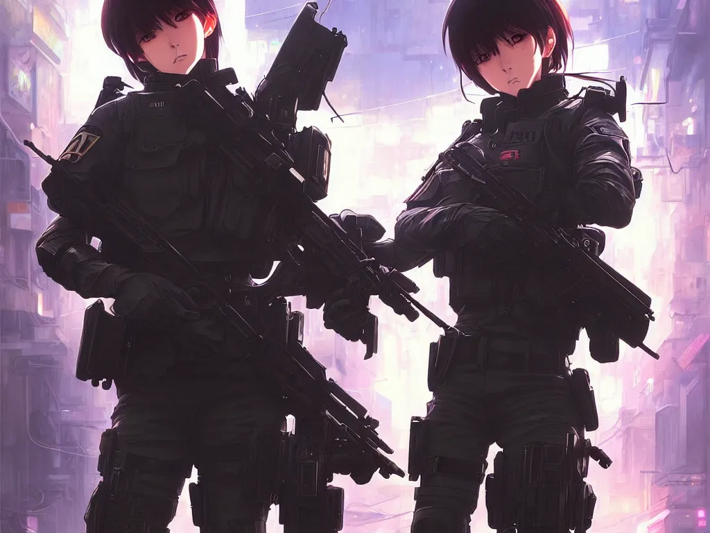 Image similar to anime key visual of a young female swat officer fighting male blood hound, neon, cyberpunk, futuristic, stunning, highly detailed, digital painting, smooth, soft focus, illustration, movie poster, japanese typography, digital art from artstation by artgerm and greg rutkowski and alphonse mucha