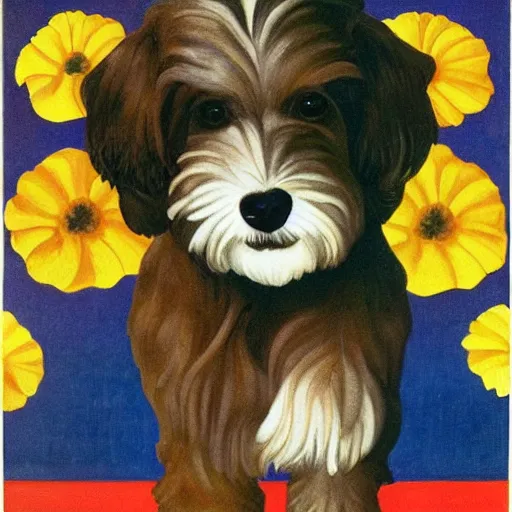 Image similar to portrait of a havanese dog with marigolds by diego rivera 1 9 3 5