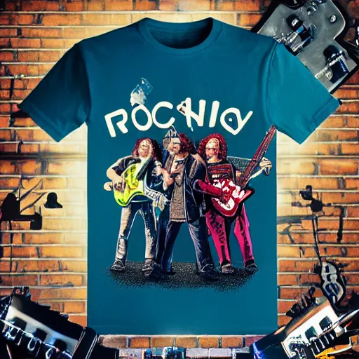Prompt: merchandise tshirt art of a fictive rockband with 3 dieselpunk robots playing guitar, 8 k, flourescent colors, halluzinogenic, multicolored, exaggerated detailed, front shot, 3 d render, octane
