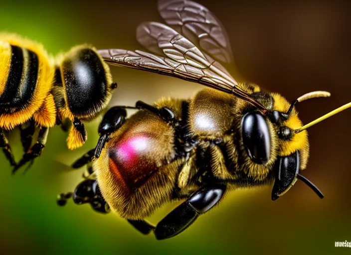 Image similar to super macro of a mechatronic bee drinking from a flower in the forest. fantasy magic cyberpunk style. highly detailed 8 k. intricate. nikon d 8 5 0 3 0 0 mm. award winning photography.