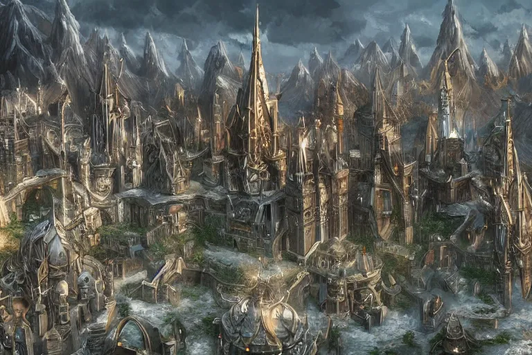 Prompt: silver elven city, highly detailed, d & d, fantasy, highly detailed, digital painting, trending on artstation, concept art, sharp focus, illustration