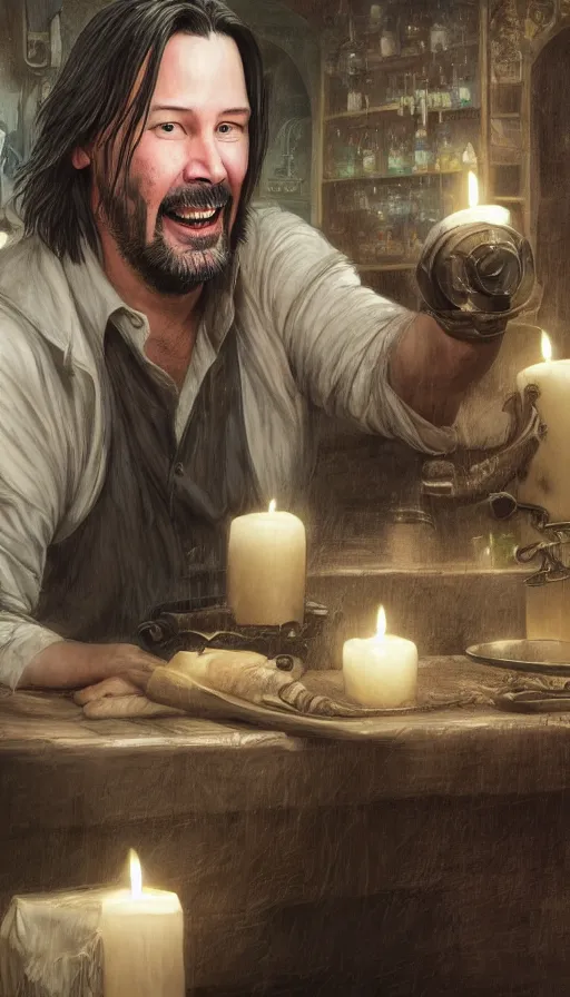 Prompt: keanu reeves as fat drunk tavern owner, apron, laughing, candles, fame of thrones, warhammer, fibonacci, sweat drops, intricate fashion clothing, insane, intricate, highly detailed, surrealistic, digital painting, artstation, concept art, smooth, sharp focus, illustration, unreal engine 5, 8 k, art by artgerm and greg rutkowski and alphonse mucha