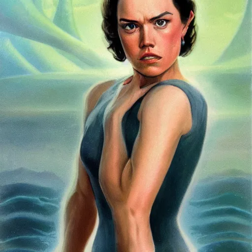 Prompt: daisy ridley, very reflective, boris vallejo style