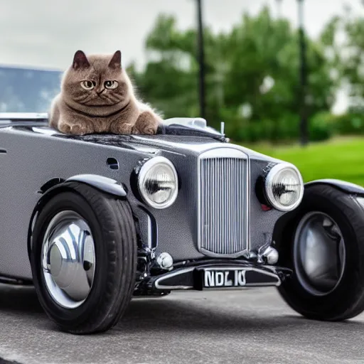 Image similar to a fluffy British Shorthair transformed into a roadster, cool, realistic, 4k, hd, highly detailed