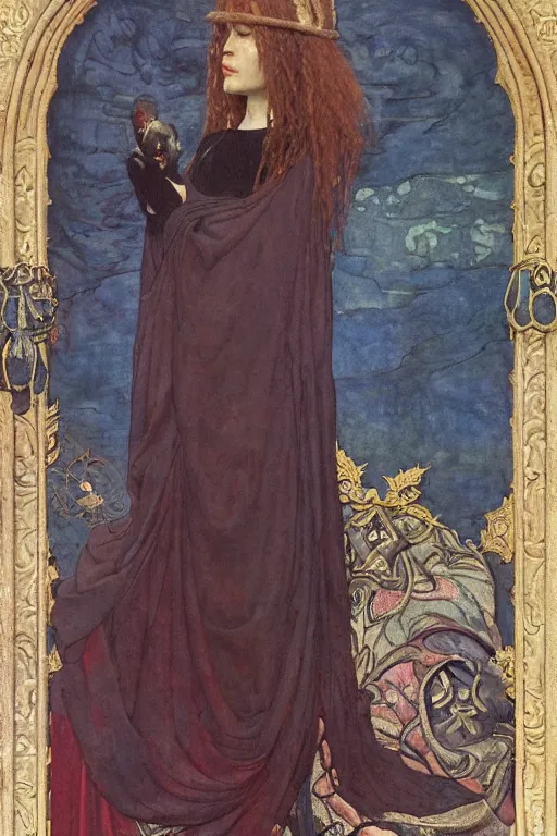 Prompt: an anthropomorphic raven dressed as a renaissance lord , by Annie Swynnerton and Nicholas Roerich and John Bauer and jean delville and John William Godward and Donato Giancola and Vermeer, satin brocade and embroidered velvet, iridescent beetles, rich color, dramatic cinematic lighting, featured on Artstation, extremely detailed