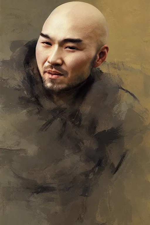 Prompt: beautiful bald kazakh guy with a short beard, painted by ruan jia, realistic, dramatic light