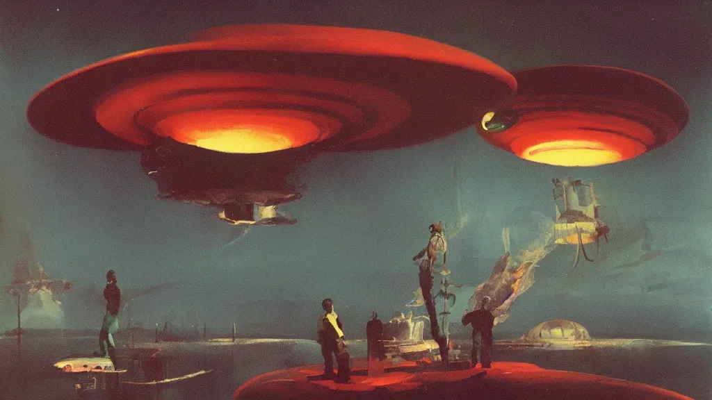 Image similar to flying saucer design by paul lehr and jack gaughan and john schoenherr, cinematic matte painting