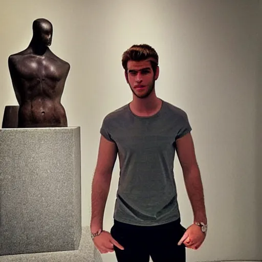 Image similar to “ a realistic detailed photo of a guy who is an attractive humanoid who is half robot and half humanoid, who is a male android, actor liam hemsworth, shiny skin, posing like a statue, blank stare, at the museum, on display ”