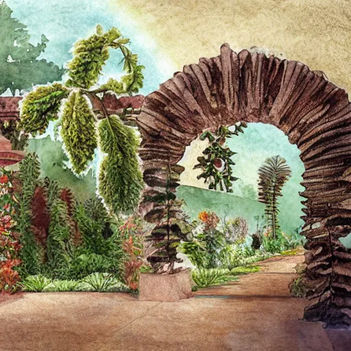 Prompt: delicate garden on paper floating puffy vines old book botanical herbarium botanic watercolors iridescent 8 k wide angle realistic artstation italian rainbow colonnade oak pinecone architecture pompeii