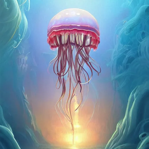 Image similar to jellyfish in a bright ocean, deep focus, fantasy, intricate, elegant, highly detailed, digital painting, artstation, concept art, matte, sharp focus, illustration, hearthstone, art by rhads and artgerm and greg rutkowski and alphonse mucha and gediminas pranckevicius