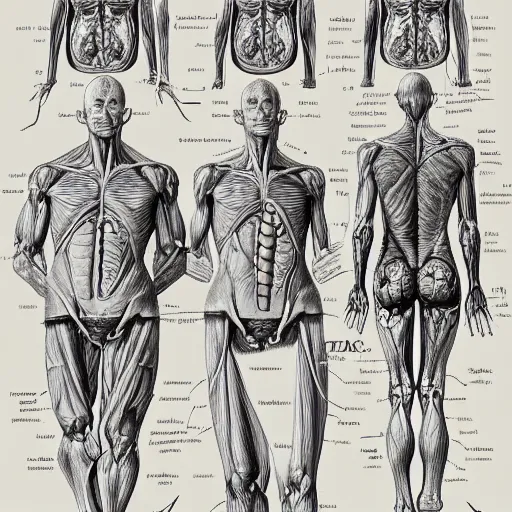 Image similar to anatomical, labelled, medical drawing of saitama with annotations to body parts, anime