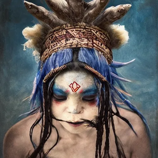 Image similar to A young blindfolded shaman japanese woman with a decorated headband performing a pagan ritual, in the style of heilung, blue hair dreadlocks and wood on her head, tribal piercing and tatoos , atmospheric lighting, intricate detail, cgsociety, ambient light, dynamic lighting, art by karol bak