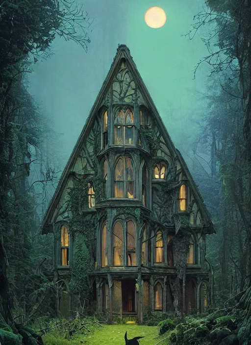 Image similar to hyper realistic witchy modern gothic house with mood lighting and tech in the woods gorgeous lighting, sunbeams blue sky, highly detailed, lush forest foliage painting by zdzisław beksinski and norman rockwell and greg rutkowski weta studio, and lucasfilm