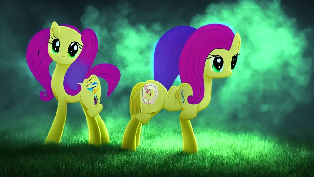 Image similar to 3D Fluttershy from My Little Pony as a necromancer, standing over a dead pony, bright green swirls coming up around her, glowing aura, pitch black background, dramatic and colorful lighting, she is surrounded by green chibi glowing skulls, smoke all around, unrealengine, 4k, HDR