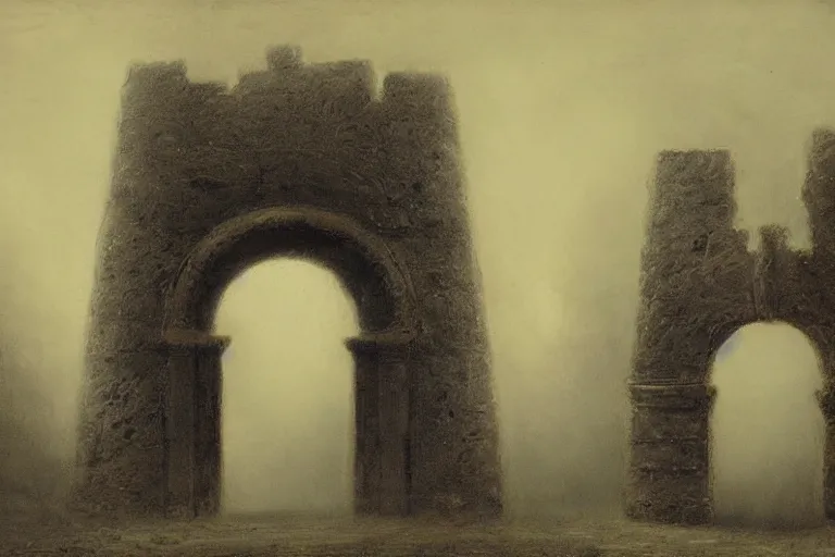 Image similar to dark and dreary dreamscape depicting an archway with prominent keystone