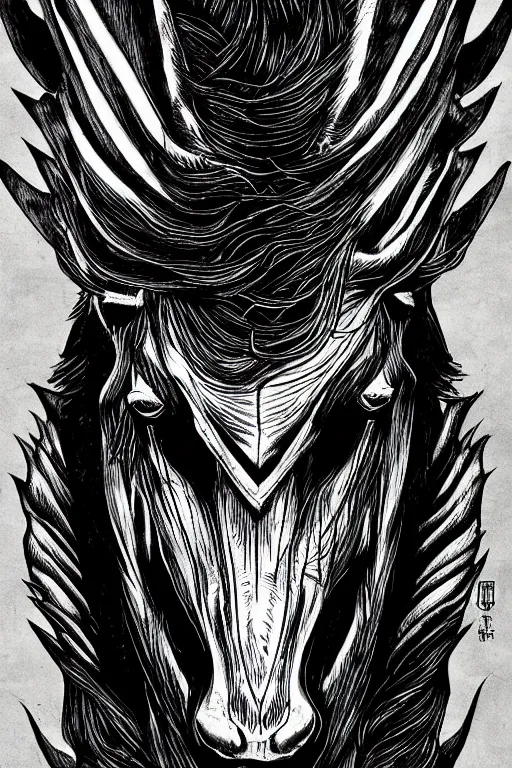 Image similar to demon horse with a horn, symmetrical, highly detailed, digital art, sharp focus, trending on art station, kentaro miura manga art style