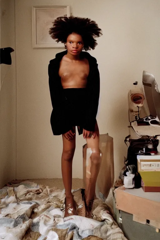 Image similar to realistic! photoshoot for a new vetements lookbook, color film photography, portrait of a beautiful woman, location in a apartment, in style of tyler mitchell, 35mm