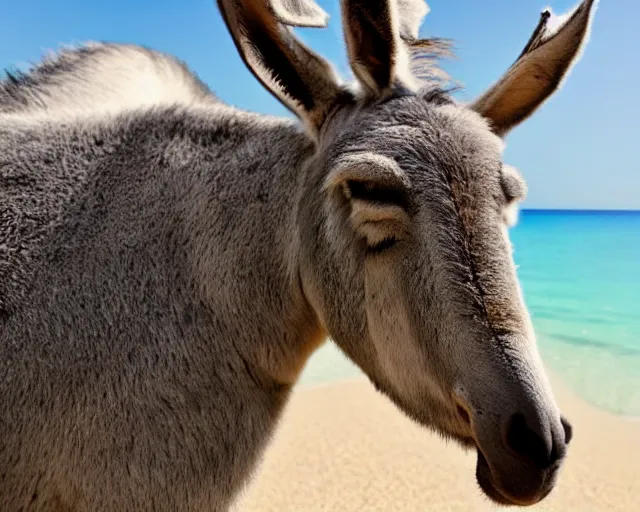 Image similar to realistic photo of a donkey wearing a suit sunbathing on a sunbed at the beach