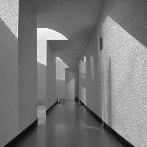 Prompt: liminal space by MC Escher, stucco walls, shiny floors, minimalist, stunning, light and shadows, suspended walkways