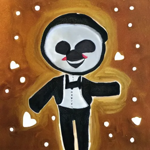 Image similar to in the style of starry night, a tuxedo for a big man with small legs, heart shaped golden mask with white lights for eyes.