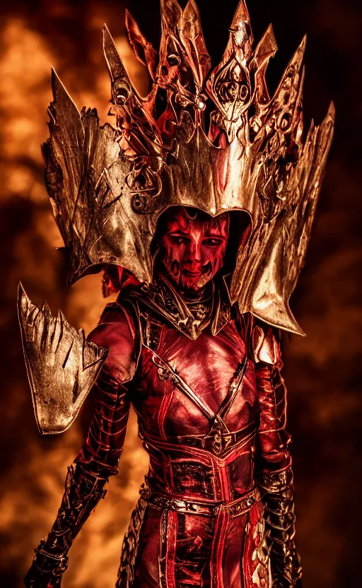 Image similar to the blood crown queen wear the scarlet armor, cinematic lighting, various refining methods, micro macro autofocus, ultra definition, award winning photo