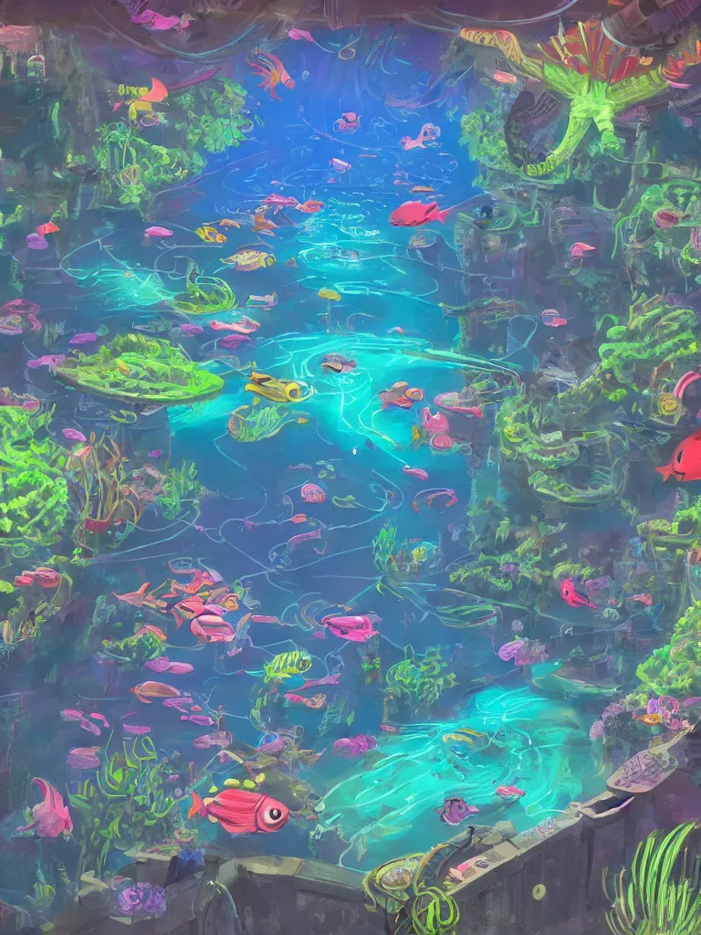 Image similar to neon fish under water at night as seen from overhead by disney concept artists, blunt borders, rule of thirds