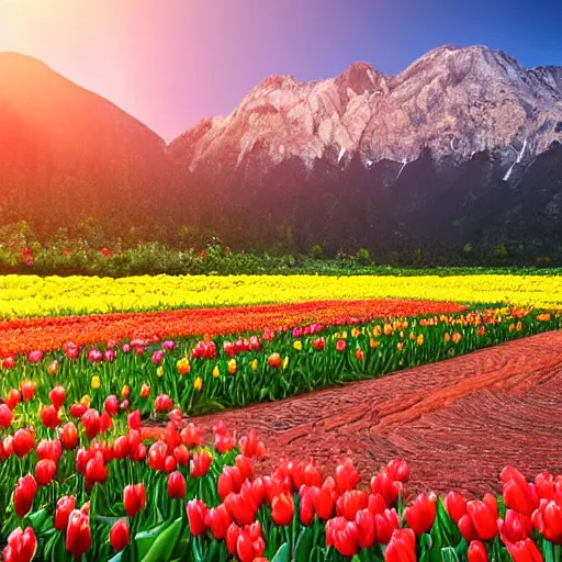 Prompt: beautiful mountain landscape during sunset with tulips and lightrays