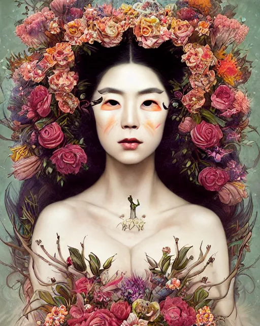 Image similar to portrait of the japanese queen of the underworld, surrounded by flowers by karol bak, james jean, tom bagshaw, rococo, sharp focus, trending on artstation, cinematic lighting, hyper realism, octane render, 8 k, hyper detailed.