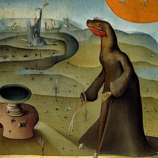 Image similar to A hieronymus bosch painting of a strange lizard wandering through a desert