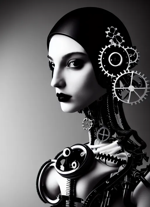 Prompt: black and white dreamy foggy gothic masterpiece profile face portrait, one steampunk eye biomechanical beautiful young female cyborg - robot, body ribs meshes, big monocular, volumetric light, hibiscus flowers, by hg giger, rim light, by dora maar, big gothic fashion pearl embroidered collar, 8 k