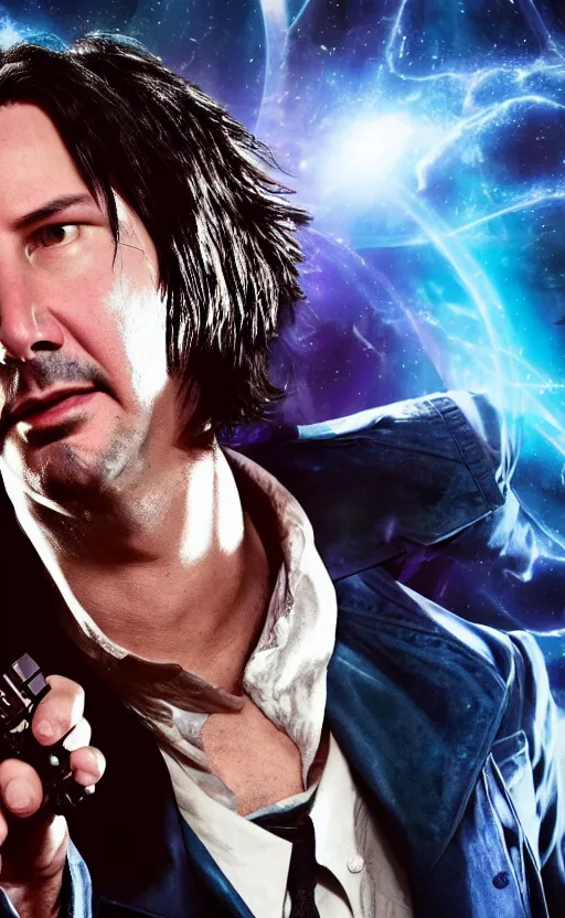 Image similar to portrait of Keanu reeves as 10th Doctor Who in the TARDIS with sonic screwdriver, Photo, High details, 8k, DSLR, long shot