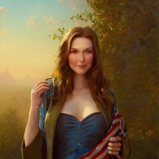 Image similar to portrait of an american woman ( 3 5 ) from the united states of america in 2 0 2 1, an oil painting by ross tran and thomas kincade