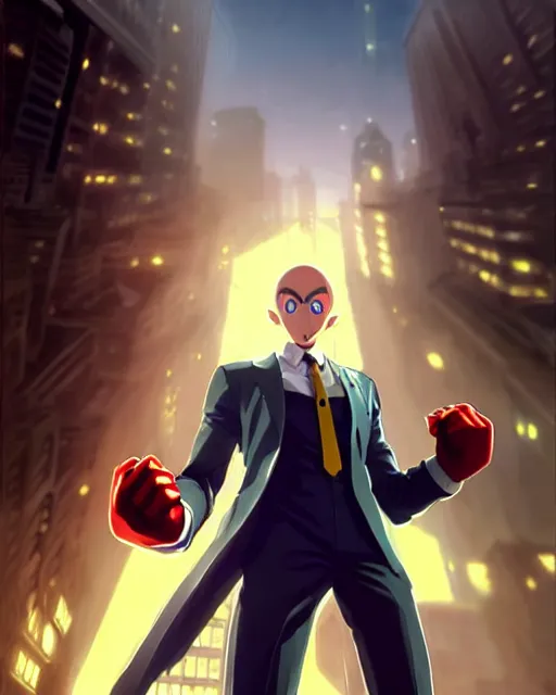 Image similar to gigachad luigi bodybuilder charging ultimate attack fighting like one punch man wearing a suit in the city, fantasy character portrait, ultra realistic, anime key visual, full body concept art, intricate details, highly detailed by greg rutkowski, ilya kuvshinov, gaston bussiere, craig mullins, simon bisley