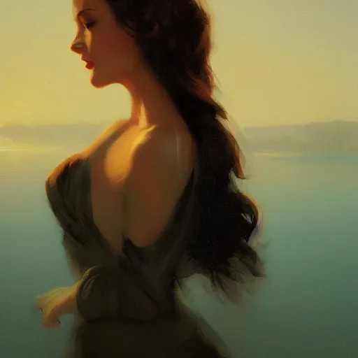 Prompt: a closeup portrait of a young beautiful vivian leigh, lake background, gorgeous view, sunset, film noir, serene, depth, by greg rutkowski, digital art, trending on artstation