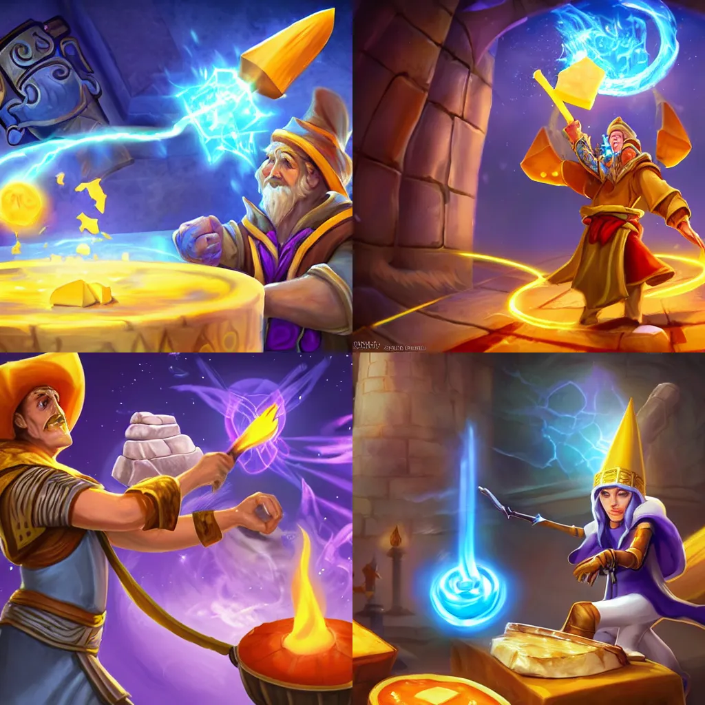 Prompt: A cheese wizard casting a spell, SMITE splash art