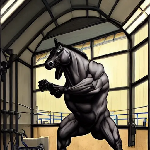 Image similar to splash art of a hyper - muscular black - coated anthropomorphic horse character in a research facility wearing a suit pumping chemicals into their muscles, long hair, exaggerated muscles, highly detailed, furry, furaffinity, digital painting, artstation, sharp focus, illustration, art by artgerm, greg rutkowski, alphonse mucha