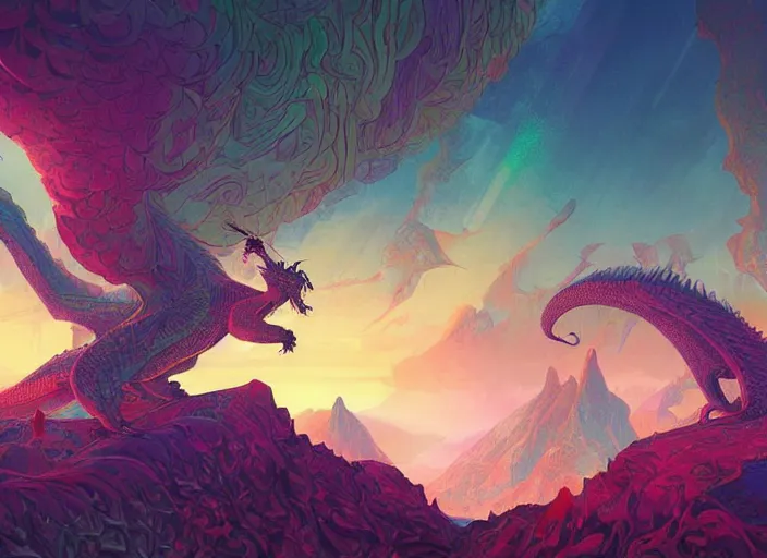 Image similar to psychedelic concept art of a dragon landscape made of thousands of dragons, cel shaded, in the style of makoto shinkai and moebius and peter mohrbacher and anton fadeev