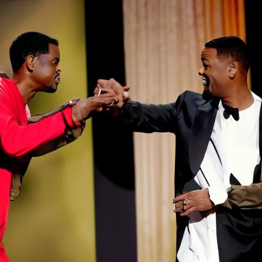 Prompt: chris rock slapping will smith on stage, cinematic, candid photography