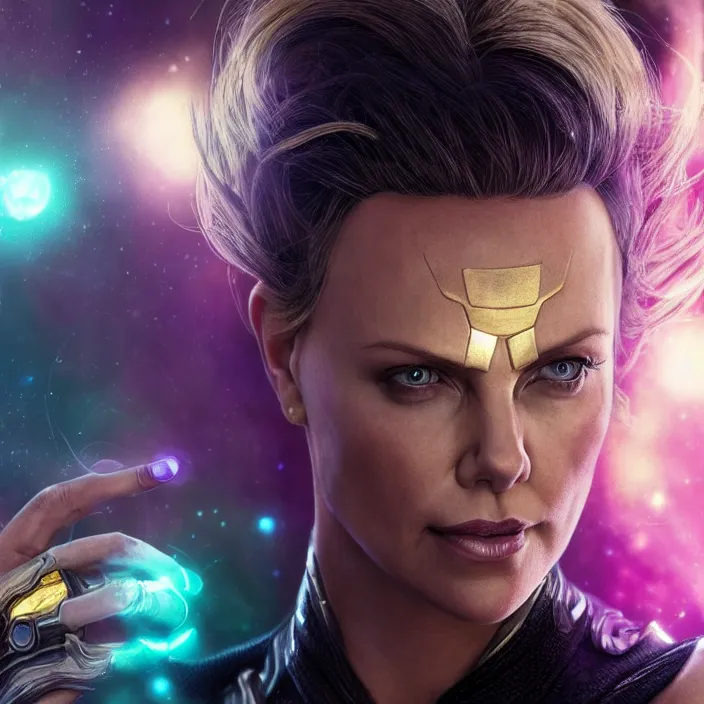 Image similar to portrait of ((Charlize Theron)), wearing The Infinity Gauntlet. SNAP. intricate artwork. octane render, trending on artstation, very coherent symmetrical artwork. thanos. thanos. cinematic, hyper realism, high detail, octane render, 8k, iridescent accents