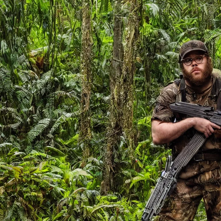 Image similar to seth rogan in the movie predator with rifle in the jungle, photo - realism, realism, predator, jungle camo