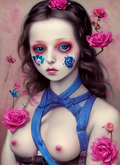 Image similar to pop surrealism, lowbrow art, realistic seductive cute woman looking painting, pink body harness, japanese shibari with blue flowers, hyper realism, muted colours, rococo, natalie shau, loreta lux, tom bagshaw, mark ryden, trevor brown style,