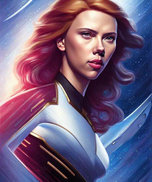 Image similar to Scarlett Johansson is the captain of the starship Enterprise in the new Star Trek movie, art nouveau,elegant, highly detailed, sharp focus, art by Artgerm and Greg Rutkowski