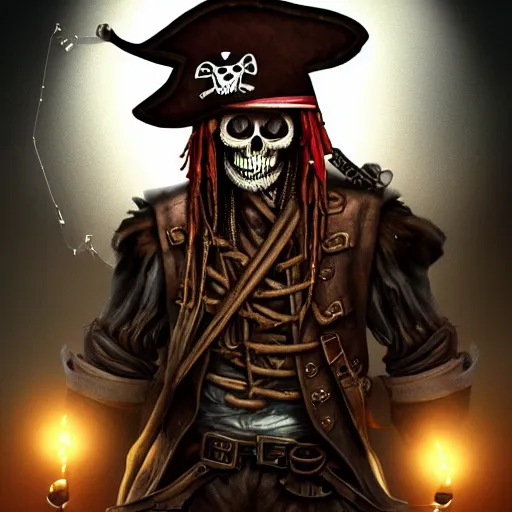 Image similar to a pirate skeleton with a pirate hat sitting in front of a laptop programming, dark room, light coming from crt monitor, highly detailed, intricate, digital art, trending on artstation, trending on cgsociety