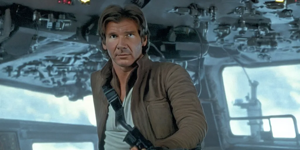 Image similar to a full color still of Harrison Ford as Han Solo on the bridge of a ship, dressed in an admirals uniform, cinematic lighting, 1999, directed by Steven Spielberg, 35mm