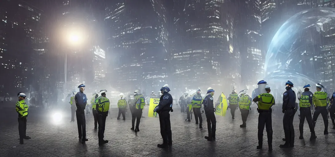 Image similar to policemen protect a huge spiral - shaped luminous object right in the center of the city from protesting crawd, night, rain and light fog, professional lighting, concept art in 3 d, high detail, professional lighting