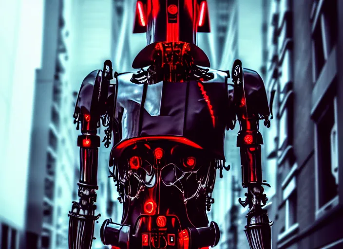 Image similar to 3 5 mm portrait photo of general grievous with heavy duty biomechanical cybernetic body with 4 arms holding 4 activated red lightsabers in the city in the rain. cyberpunk horror style.