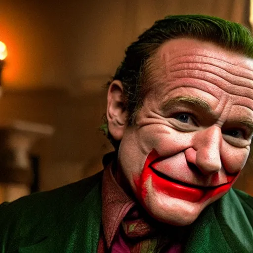 Image similar to stunning awe inspiring ( robin williams ) as the joker 8 k hdr movie still atmospheric lighting