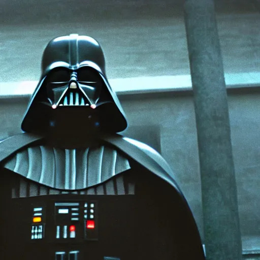 Prompt: large darth vader statue made of stone outstide sith temple cinematic film still from the 1 9 8 3 movie the lost jedi, rian johnson, anamorphic 2 4 mm lens, kodak film, moody cinematography